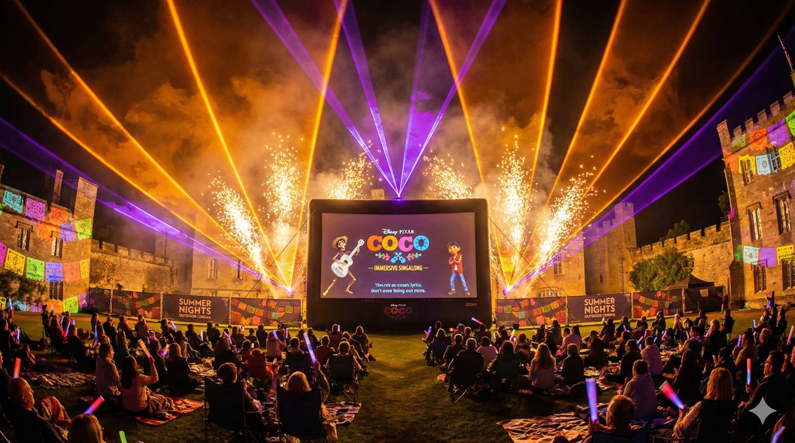 An outdoor cinema immersive singalong screening of Coco at a historic venue at night, vibrant Day of the Dead marigold orange and purple laser beams cutting through atmospheric haze, pyrotechnic sparks in firework gold, on-screen lyrics glowing on a massive outdoor screen, audience singing along with glow sticks, colourful papel picado-inspired lighting effects