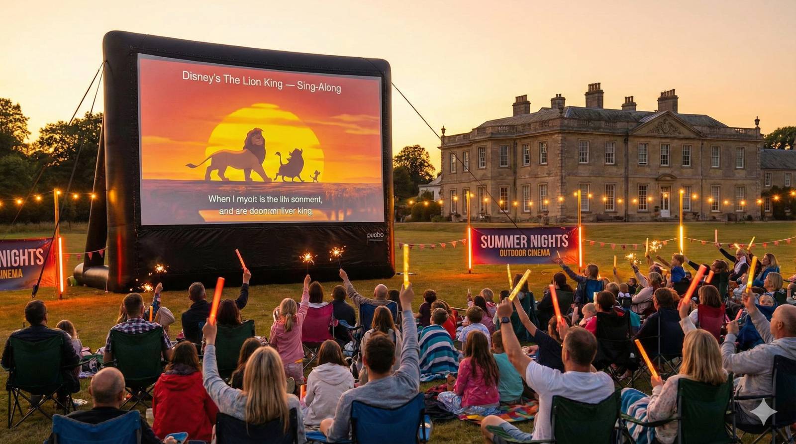 An outdoor cinema singalong screening of The Lion King at a grand country estate at golden hour, warm amber and firework gold lighting bathing the audience, families and children singing along with on-screen lyrics on a massive outdoor screen, African sunset colour palette with neon coral accents, glow sticks waving in the crowd
