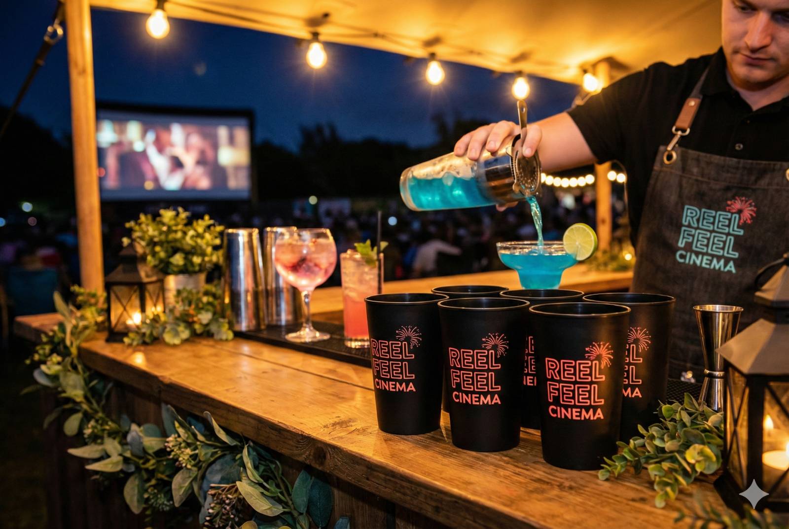 Branded outdoor cinema reusable cups with neon coral logos displayed on a rustic bar counter at night, colourful cocktails being poured beside them, warm ambient festoon lighting, outdoor cinema screen visible glowing in the blurred background, premium event beverage branding