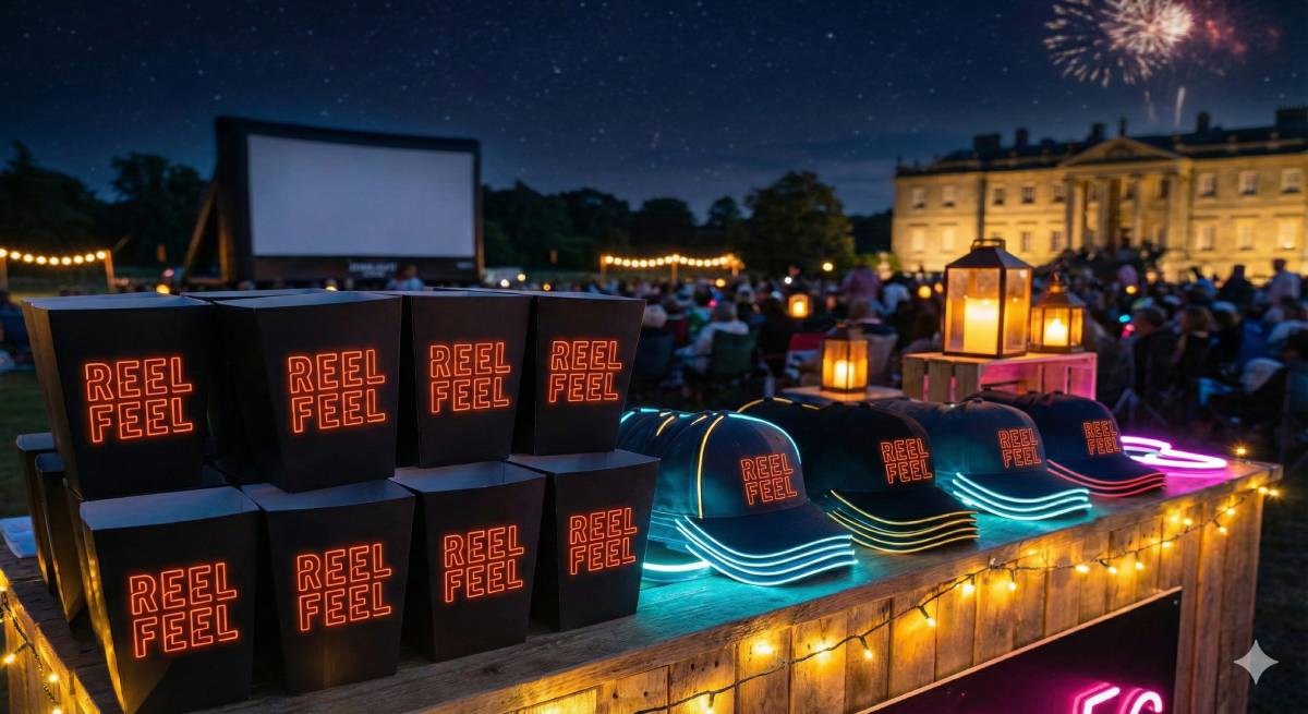 Close-up of branded outdoor cinema popcorn boxes and baseball caps on a merchandise counter at night, neon coral branding against matte black packaging, fairy lights reflecting off the glossy surfaces, nighttime outdoor event setting in the blurred background