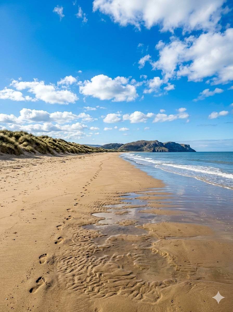 Sandy Welsh beach with blue sky