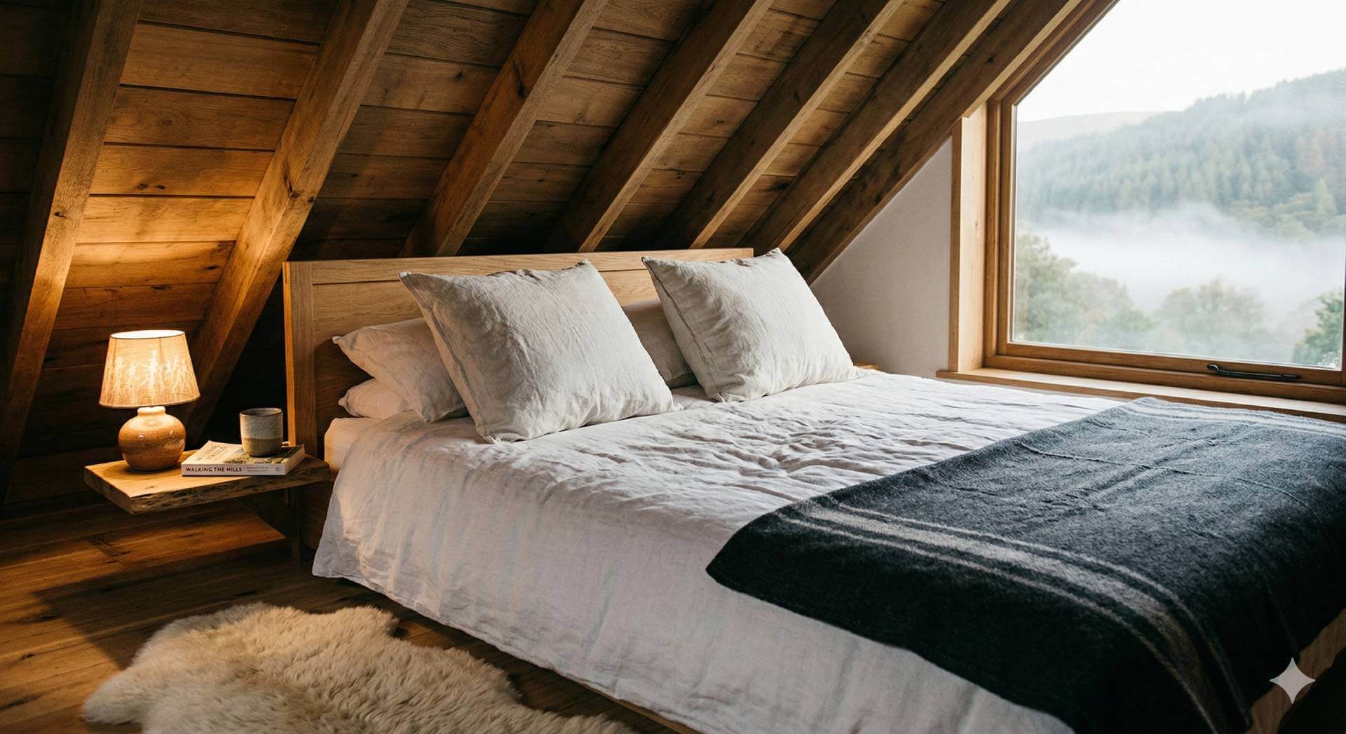 King-size bedroom with natural decor and valley views