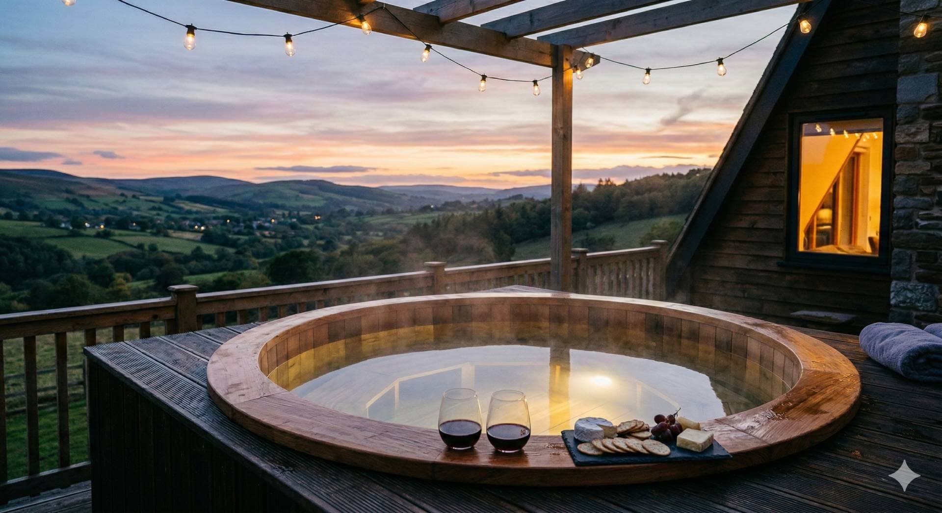 Private hot tub on deck overlooking green valley at sunset