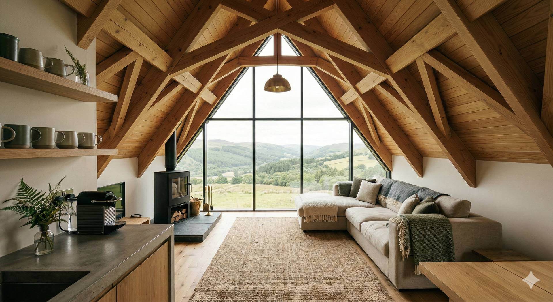 Cosy lodge interior with warm lighting and timber beams