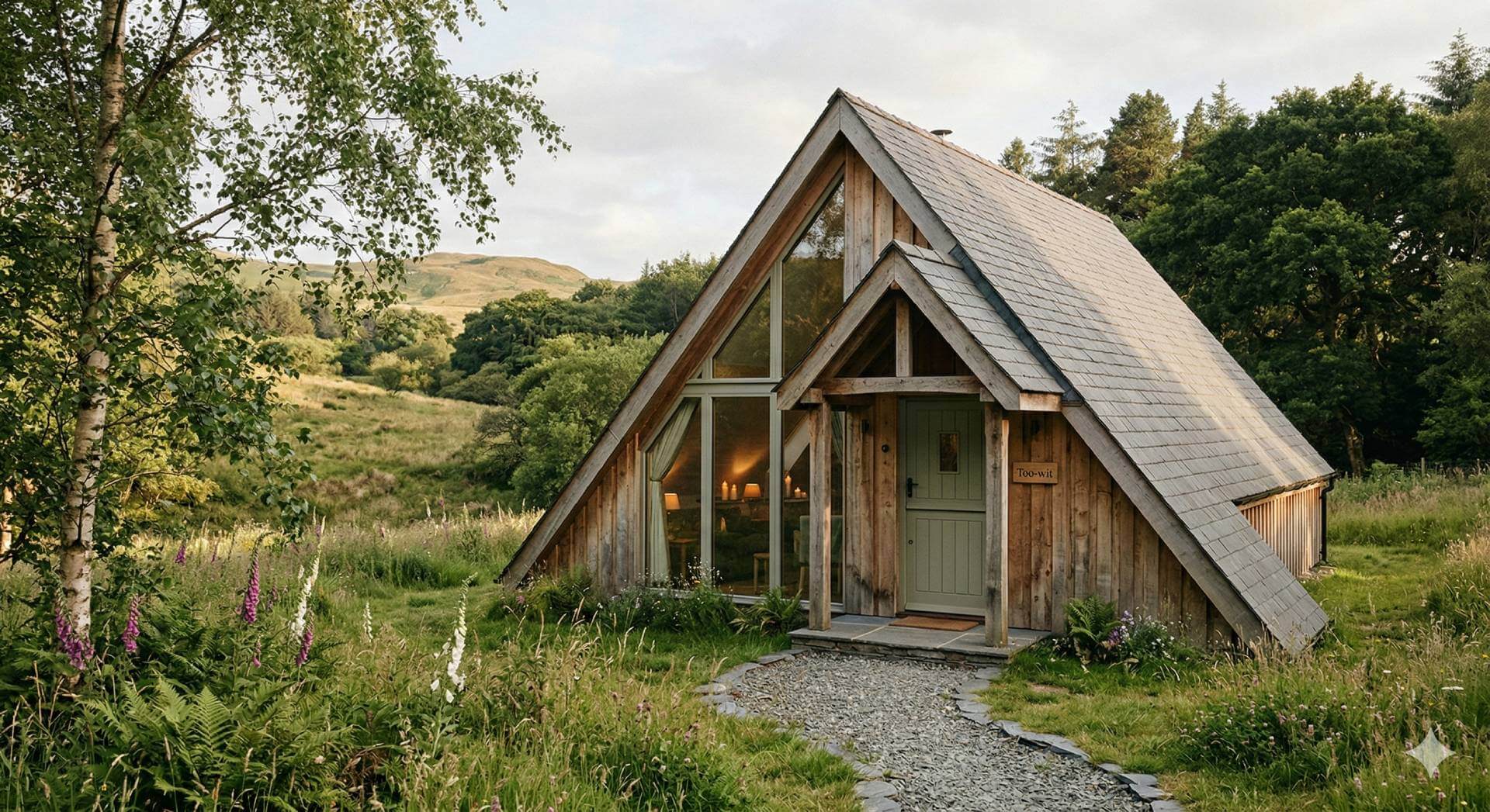 Too-wit Lodge — cosy A-frame exterior surrounded by trees