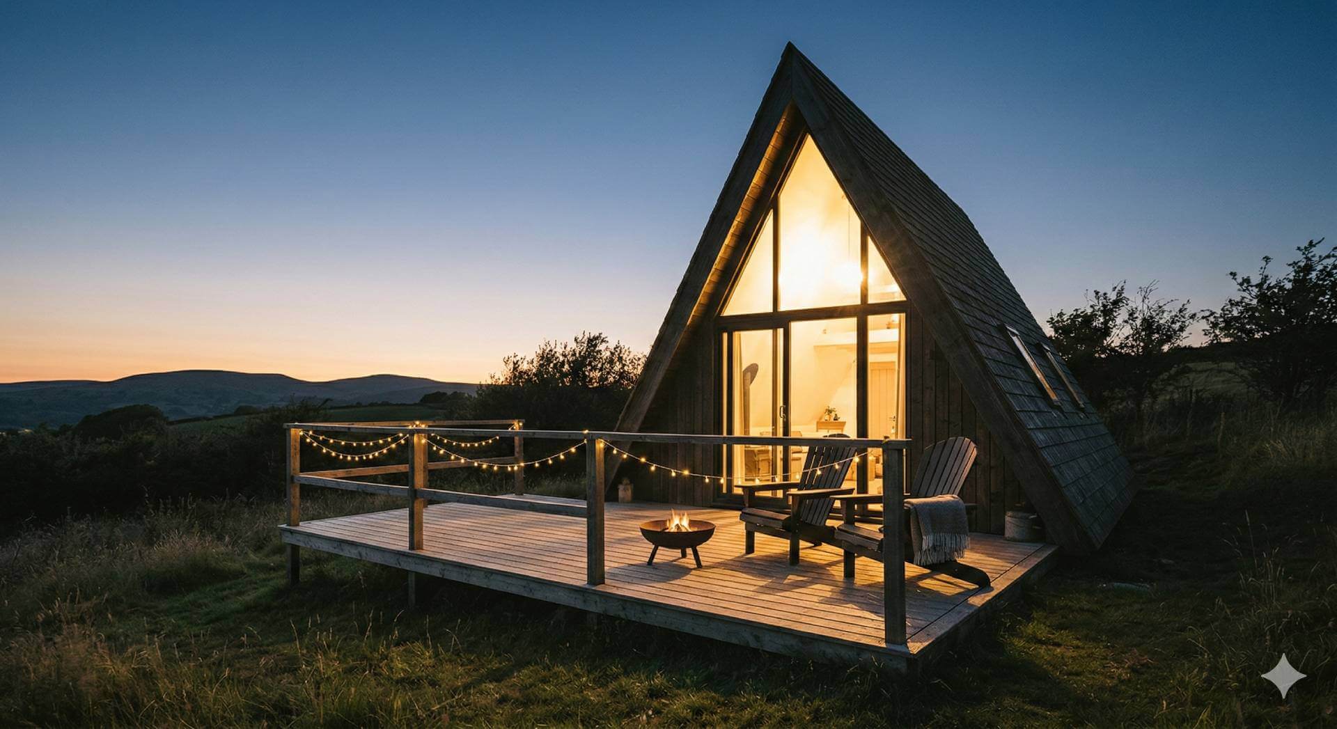 Too-woo Lodge — A-frame cabin with warm lighting at dusk